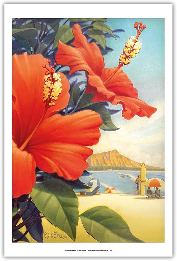 Hibiscus Beach Day - Waikiki Beach - Red Hibiscus - Vintage Hawaiian Travel Poster by Kerne Erickson - Master Art Print (Unframed) 12in x 18in
