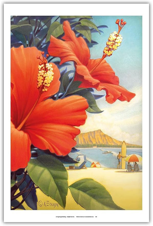 Hibiscus Beach Day - Waikiki Beach - Red Hibiscus - Vintage Hawaiian Travel Poster by Kerne Erickson - Master Art Print (Unframed) 12in x 18in