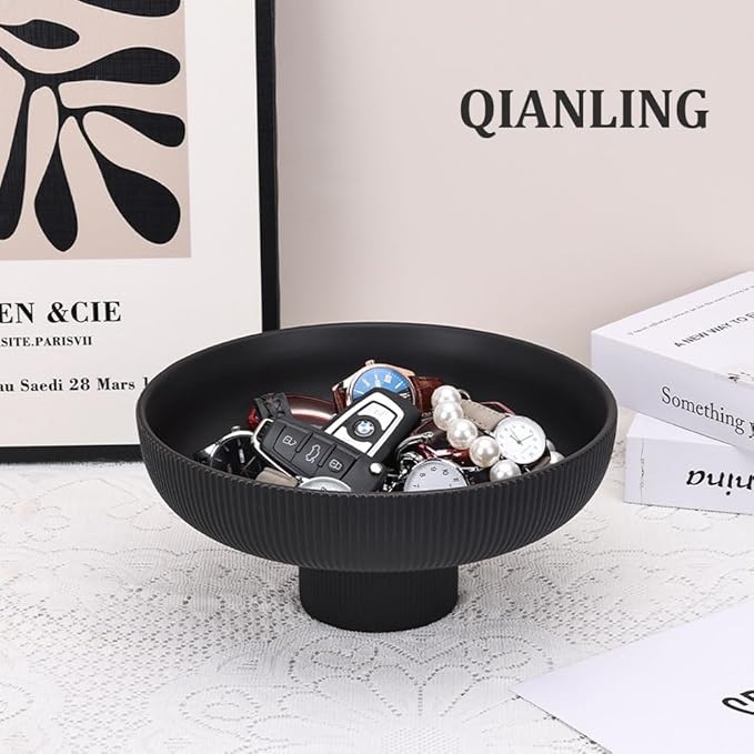 Modern Large Black Decorative Bowl - Ribbed Black Fluted Pedestal Bowl , Multi-Functional Fruit Bowl, Key Bowl, Candy Dish, Ideal for Entryway Table, Kitchen Counter, Living Room, Coffee Table Decor