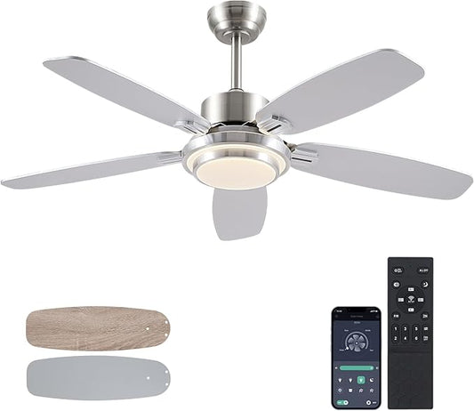 Ceiling Fans with Lights,50“ Modern Nickel Ceiling Fan and Remote/APP Control,5 Dual Finish Blades Dimmable 3-Color LED Fandelier for Indoor Dinning room,Bedroom