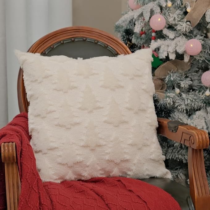 GEEORY Christmas Tree Throw Pillow Covers 16x16 Inch Set of 2, Xmas Winter Soft Plush Faux Fur Wool Decorative Farmhouse Holiday Cushion Case for Home Decoration (Beige) GC004-16