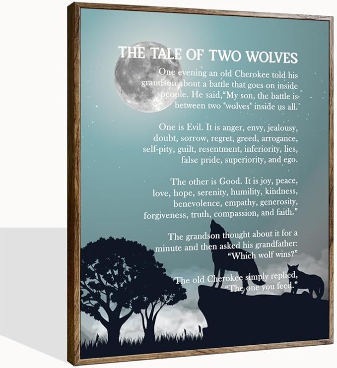 The Tale of Two Wolves, Framed Wolf Wall Art, Framed Canvas Wall Art Inspirational Quote Decor, Wolfs Décor, Wolfish Gifts, wolfish Canvas Décor (Blue)