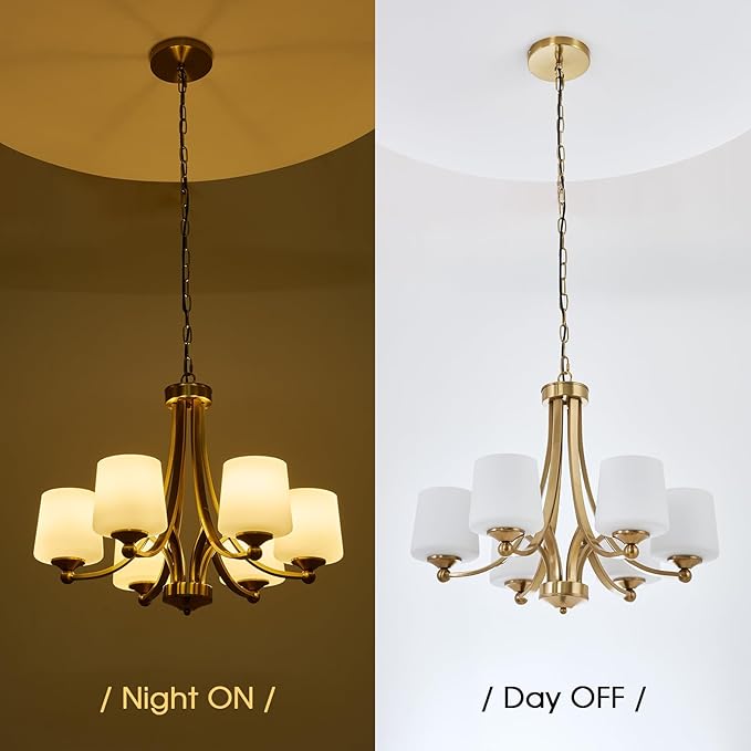 Modern 6-Light Brass Chandelier 25.59in Frosted Glass Chandeliers Metal Mid-Century Gold Pendant Light Fixtures for Living Room Dining Room Bedroom Foyer Stairway