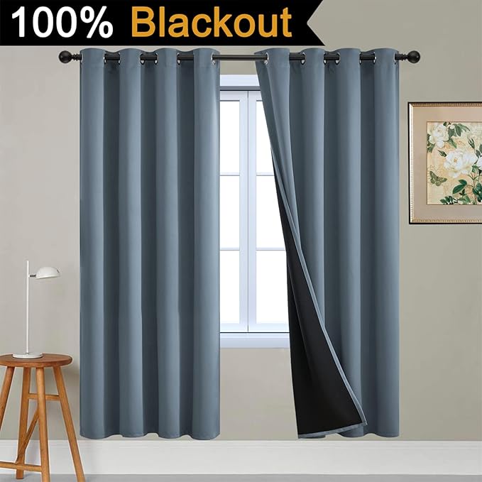 Yakamok Total Blackout Curtains, 2 Thick Layers Completely Blackout Soild Thermal Insulated Drapes with Black Liner for Bedroom(52Wx72L, Stone Blue, 2 Panels)