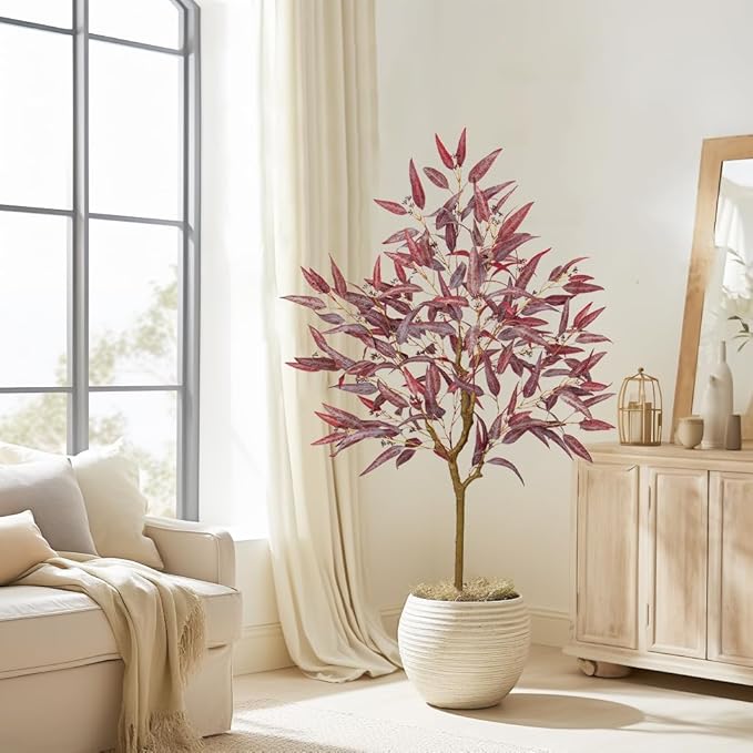 Briful 5ft Artificial Eucalyptus Tree in Black Pot, Realistic Silk Potted Floor Plant Eucalyptus Plant for Home Decor Indoor Outdoor Patio Office, Burgundy Leaf