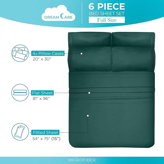 DREAMCARE Full Size Sheets Set - 6 Pcs Deep Pocket Cooling Bed Sheets - Soft, Long Lasting 100% Brushed Microfiber with Side Pocket (Emerald Green, Full)