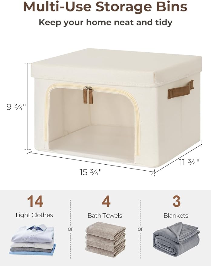 StorageWorks Storage Bins with Lids, Decorative Boxes with Clear Window for Clothes, Fabric Collapsible Baskets for Closet Organization, Medium, Beige, 3 Packs