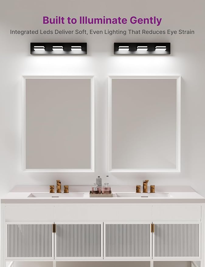 Modern Bathroom Light Fixture Over Mirror, 22" 3-Light Bathroom Vanity Light with Rotatable Heads, Adjustable 3000K/ 4000K/ 5000K, Hardwired, Energy-Efficient LED Vanity Lighting Fixture, Black