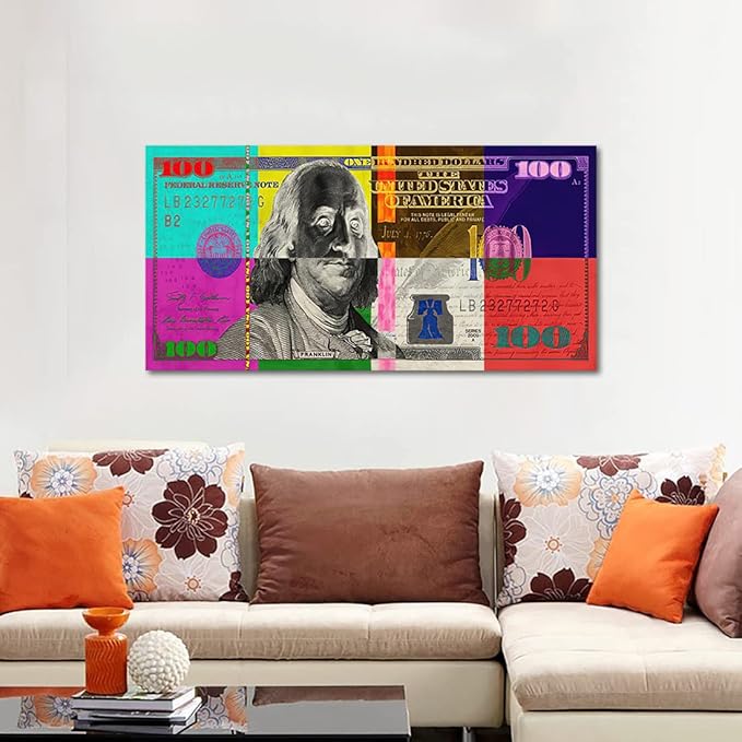 Yatsen Bridge Vivid Colorful 100 USD Artwork Abstract Creative Benjamin Franklin 100 Dollar Bill Color Blocks Canvas Paintings Wall Art HD Print Modern Home Office Decor Gallery Wrapped Easy to Hang