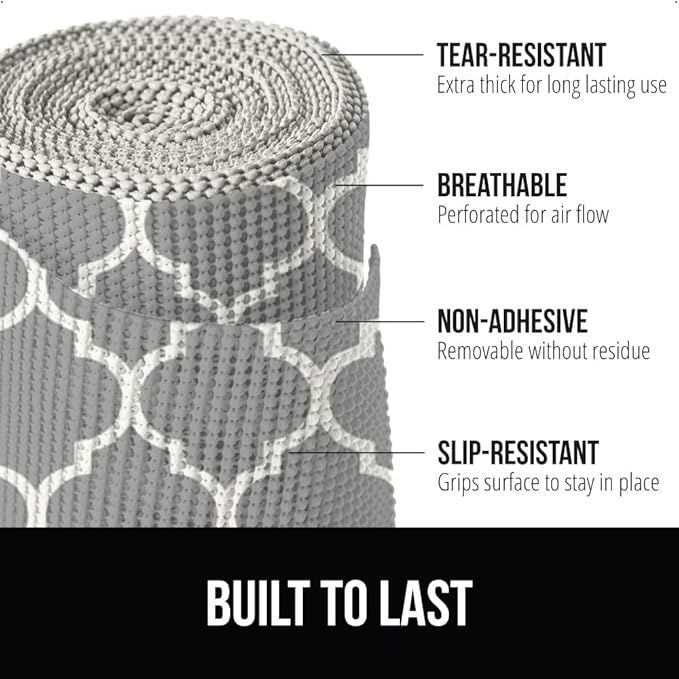 GORILLA GRIP powerGRIP Drawer Shelf and Cabinet Liner, Thick Strong Hold, Non-Adhesive Liners Protect Kitchen Cabinets and Cupboard, Bathroom Drawers, Easy Install, Breathable Mat, 12" x10' Quatrefoil