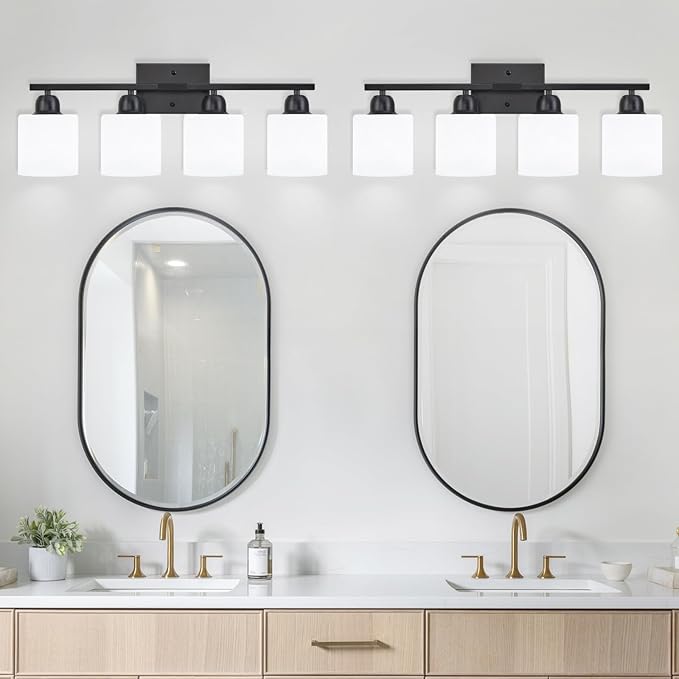 4-Light Black Bathroom Vanity Light, Light Fixtures with Milky White Frosted Glass Shades, Black Vanity Light for Bathroom Mirror, Bedroom, Living Room, Vanity Table, E26 Base