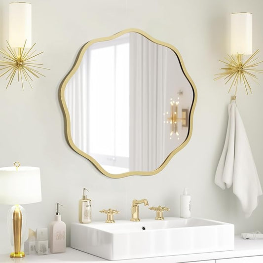 WallBeyond Round Wavy Mirror for Wall Decorative 20 inch, Modern Round Mirror Aluminum Frame for Bathroom Bedroom Living Room Home House Office Entryway, Gold