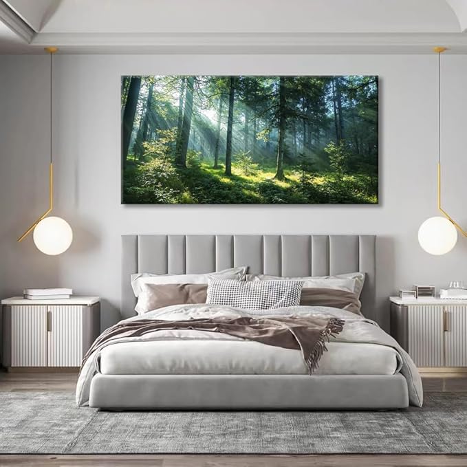 Huaaliunn Large Green Forest Wall Art for Living Room and Bedroom, Canvas Wall Art Framed Ready to Hang, Modern Landscape Nature Painting, Wall Decor for Home Office 75x150cm(30x60in)