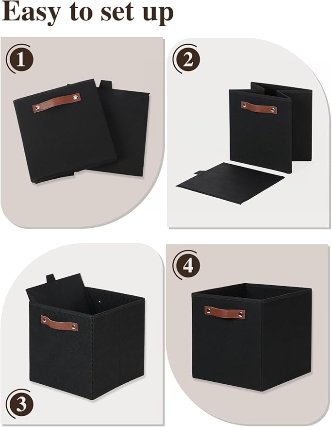 Temary 11x11 Storage Cubes Fabric Cube Storage Bins with Handles Clothes Storage Boxes Baskets for Organizing Home, Shelf, Closet (Black, 11 x 11 x 11)