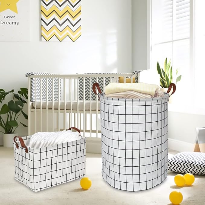 CLOCOR Rectangular Storage Basket, Collapsible Cute Pattern Storage Bin, Waterproof Coating Storage Box with Handles for Home Organization, Gift Basket (3 pack White checks)