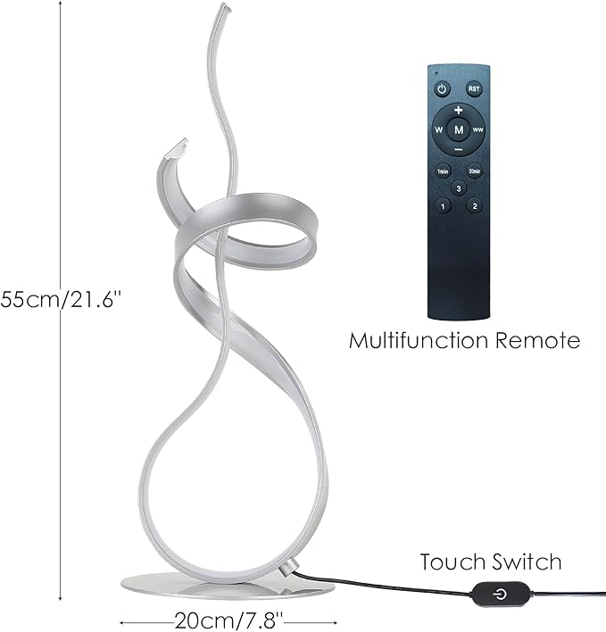 24W Modern 3Color Table Lamp with LED Spiral Design, 22“ Tall Silver Bedside Light & Nightstand Lamp, Touch Dimmable with 3 Colors & Remote Control for Bedroom, Living Room, Home Office (Silver)