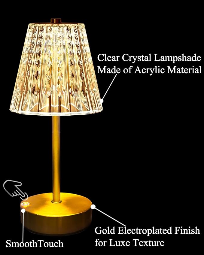 Gold Cordless Table Lamp Rechargeable,5000mAh Battery Operated Lamps,Mini Small Crystal Table Lamp for Restaurant Dining Bathroom/Kitchen Counter/Rechargable Touch Lamp for Home Dinner Shower Lamp