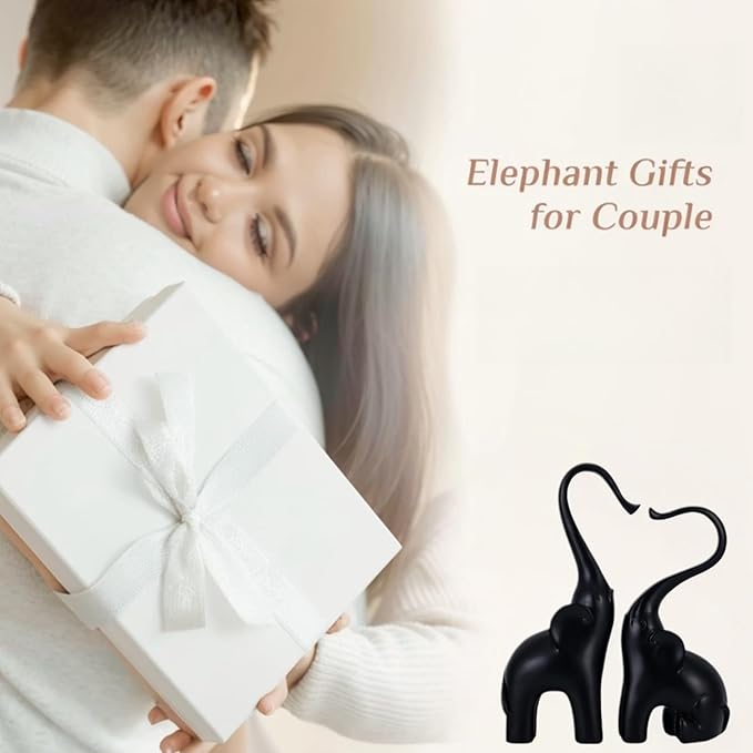 Loving Elephant Statues Home Decor, Small Black Elephant Figurines in Love, Elephant Sculpture Heart Decorative Objects for Bookshelf Decor