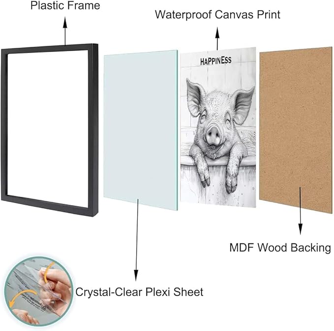 Minimalist Bathroom Wall Decor, Happy Pig Wall Art in Picture Frames, Hilarious, Fun Bathroom Animal Art, Black and White Canvas Prints can be Hung Directly - Frame, 11 "x 14