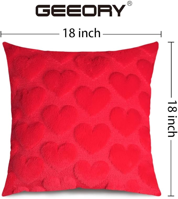 GEEORY Valentines Day Soft Plush Love Heart Pillow Covers, 18 x 18 Inch Set of 2, Faux Fur Wool Decorative Anniversary Cushion Case for Sofa Home Decoration Red GC010-18