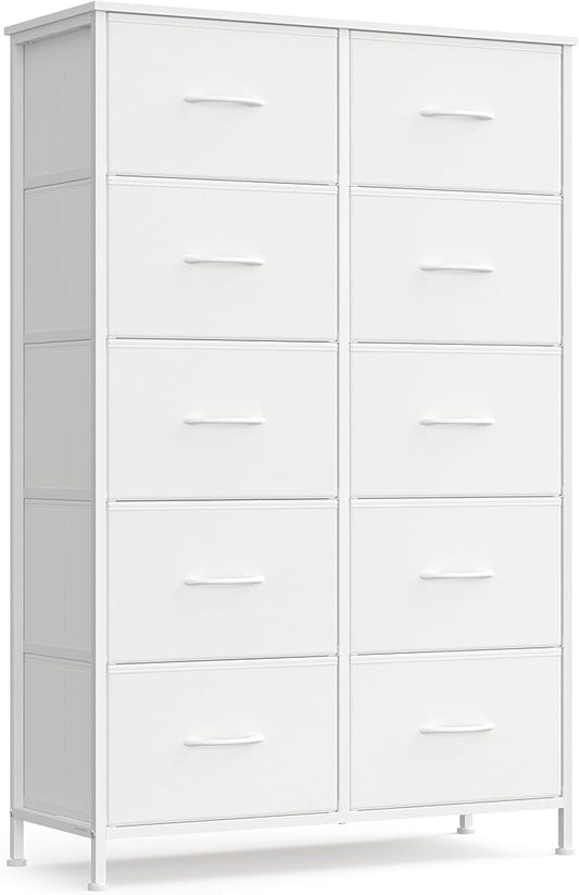 SONGMICS Dresser for Bedroom, Chest of Drawers, Steel, MDF, 10 Non-Woven Fabric Drawers, Storage Organizer Unit, Closet, Entryway, Cloud White and Snow White ULGS125W01S