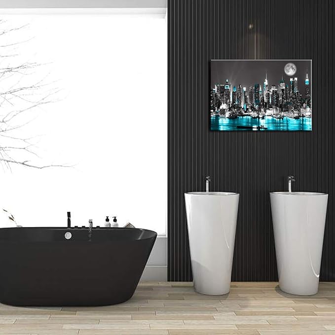 canvas wall art blue sea New York paintings Wall Art,Black and White Stretched wall art for bedroom artwork Canvas Art Prints, 16"x20"Wall Decoration Painting bedroom wall decor Office, Ready to Hang