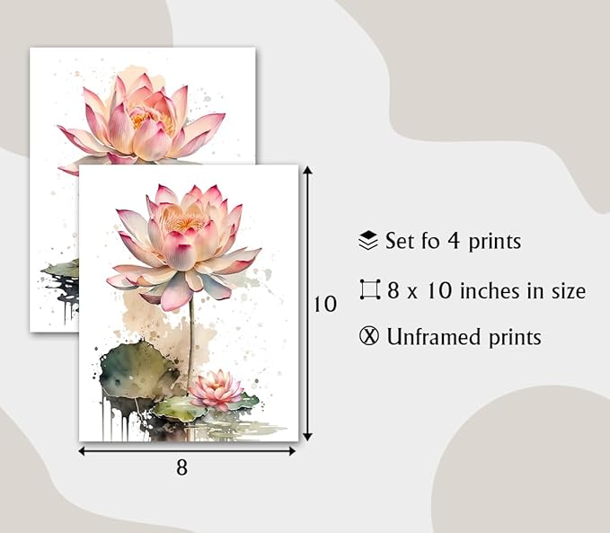 Lotus Floral Wall Art Prints,Pink Lotus Flower Canvas Wall Art,Watercolor Lotus Bloom Meditation Poster,Pink Lotus Zen Canvas Wall Art for Office Bathroom Room Decor Set of 4(8”X10”Unframed)