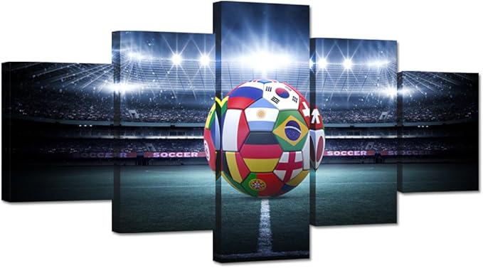 Hello Artwork Large 5 Pieces Canvas Wall Art Light Shining Soccer Ball Stadium Close Up Arena Soccer Field Championship Win Modern Wall Ready To Hang