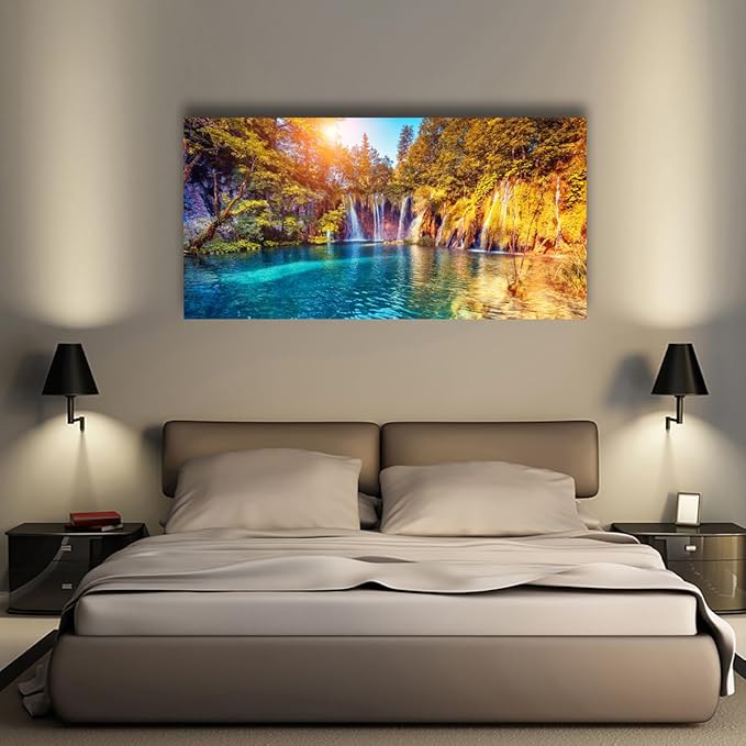 Lake Water Pictures Canvas Wall Art for Living room Bedroom Wall Decor,Waterfall Wall Art Print Paitnings for home Decor,Morden Artwork Sunset Tree Canvas Art Waterproof Stretched Ready to