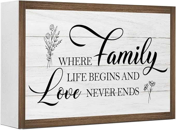 Family Where Life Begin Love Never Ends Wooden Box Sign,10.3 * 6 Inches,Rustic Family Saying Wooden Block Sign for Home Farmhouse Living Room Bedroom Shelf Desk Tabletop Wall Decor