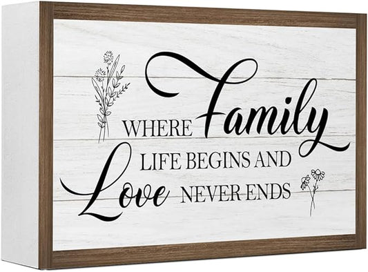 Family Where Life Begin Love Never Ends Wooden Box Sign,10.3 * 6 Inches,Rustic Family Saying Wooden Block Sign for Home Farmhouse Living Room Bedroom Shelf Desk Tabletop Wall Decor