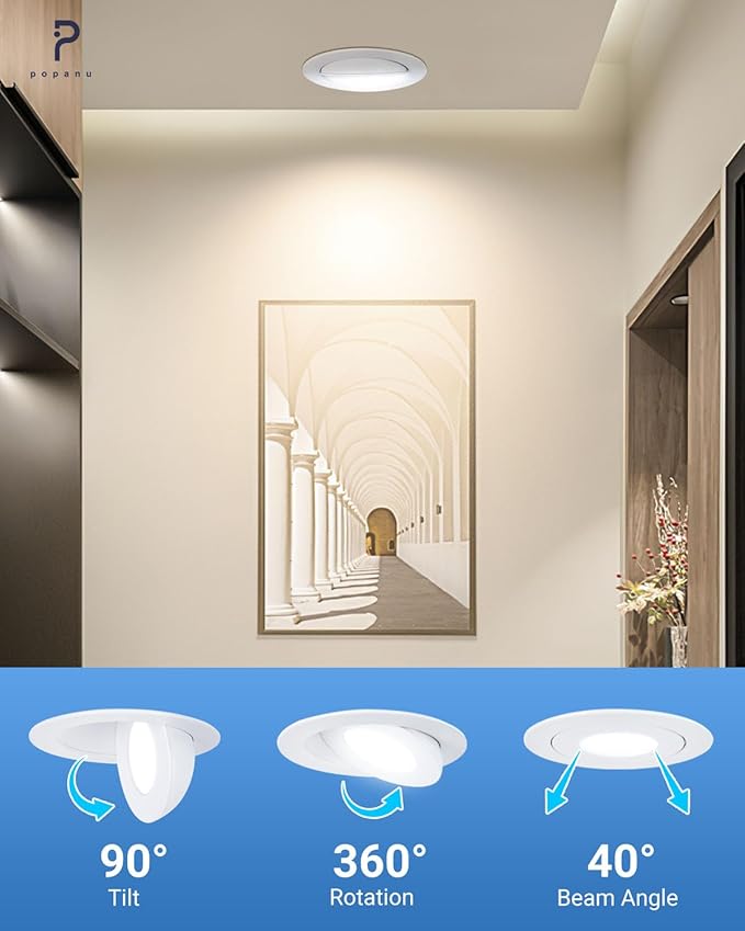 4 inch LED Recessed Light 9W 750lm Eyeball Sloped Gimbal Recessed Ceiling Lighting, Soffit Wafer Indoor Directional Lighting, 90° Tilt and 360° Rotation Recessed Lighting 4 inch White 6Pack