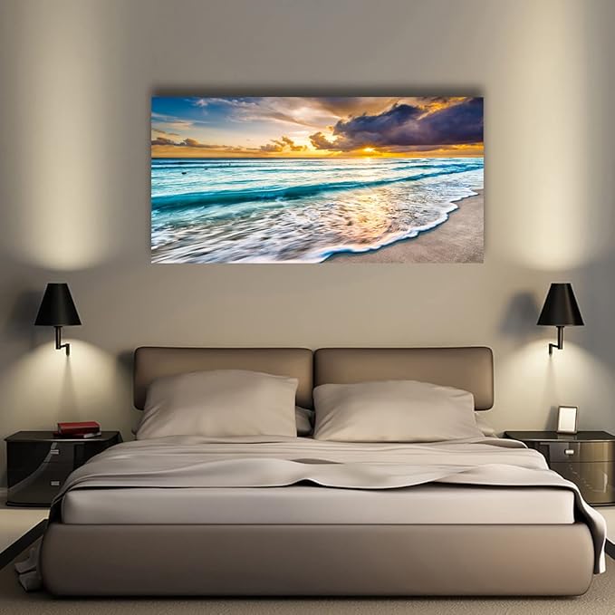 Beach Seascape Pictures Canvas Wall Art for Home Decor Wave Sunset Prints Paintings for Living Room Bedroom Decorations Natural Landscape Artwork 20x40inches
