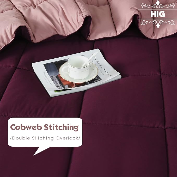 HIG 3pc Plum Twin/Twin XL Comforter Set - All Season Down Alternative Reversible Comforter with Sham - Quilted Duvet Insert with Corner Tabs - Box Stitched - Breathable, Soft, Fluffy
