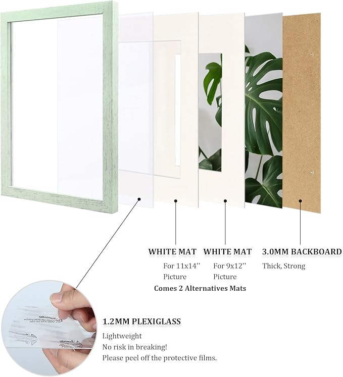 Egofine 12x16 Picture Frames Set of 4, Made of Solid Wood Covered by Plexiglass 9x12 and 11x14 with Mat or 12x16 without Mat, for Wall Mounting Photo Frame Rustic Green