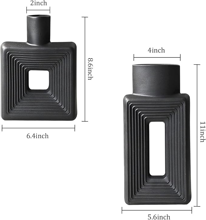 Black Ceramic Vase Set of 2，Square Vase Rustic Home Decor Minimalist Nordic Boho Style for Living Room, Shelf, Table, Bookshelf, Mantel and Entryway Decor Vases