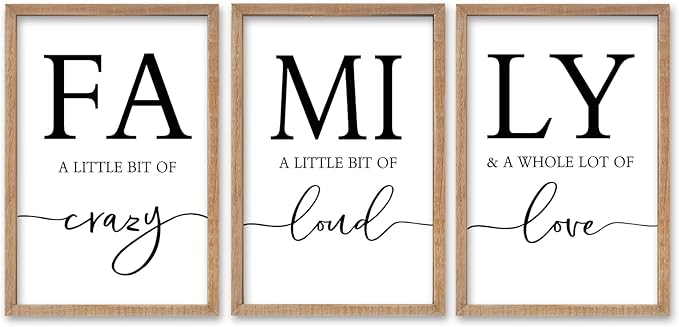 SRSZHIYUE Family Wall Art A Little Bit Of Crazy Loud Sign Wall Decor Art Set of 3 16"×11" Prints Wood Framed for Large Rustic Farmhouse Minimalist Living Room Entryway Wall Hanging (Wood)