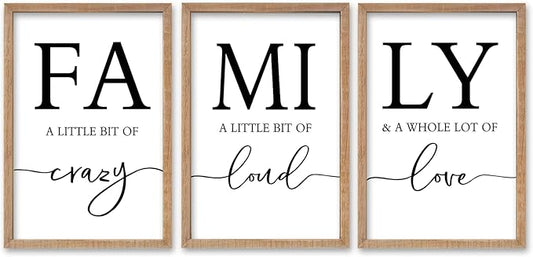 SRSZHIYUE Family Wall Art A Little Bit Of Crazy Loud Sign Wall Decor Art Set of 3 16"×11" Prints Wood Framed for Large Rustic Farmhouse Minimalist Living Room Entryway Wall Hanging (Wood)