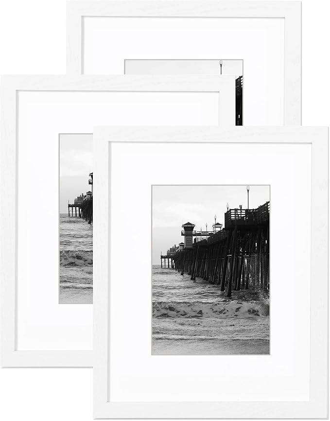 11x14 White Picture Frame with mat 8x10 set of 3, Minimalist 11x14 Poster Frame, Modern Style Wood Composite frames Tempered Glass for Wall Art Photo and Prints for Home Decor Gifts