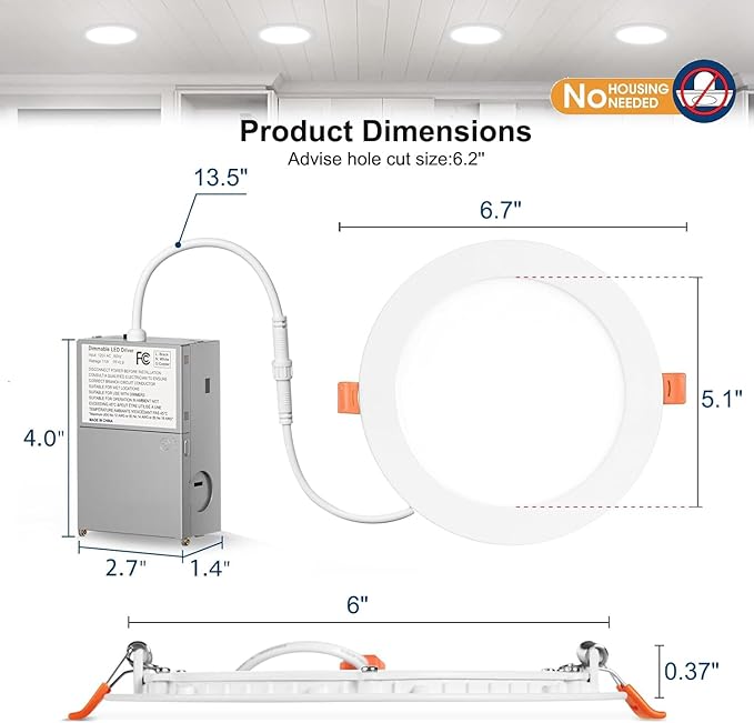 12 Pack Recessed Lighting 6 Inch LED Ceiling Lights with Junction Box, 6000K Canless Recessed LED Can Lights, 12W 110W Eqv, 1050LM High Brightness LED Lights