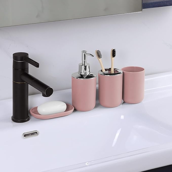 IMAVO Bathroom Accessories Set,Pink Bathroom Set,9 Pieces Bathroom Accessory Set,Tray,Qtip Holders,Toilet Brush,Trash Can for Bathroom Décor and Home Gifts