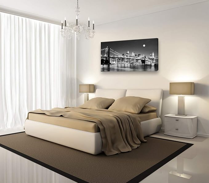 Baisuart-Q30350 Brooklyn Bridge Night View 1 Panels Landscape Artwork Canvas Prints Moon Night New York City Scene Picture Paintings Black and white Wall Art for Oiffce Home Decorations Wall Decor