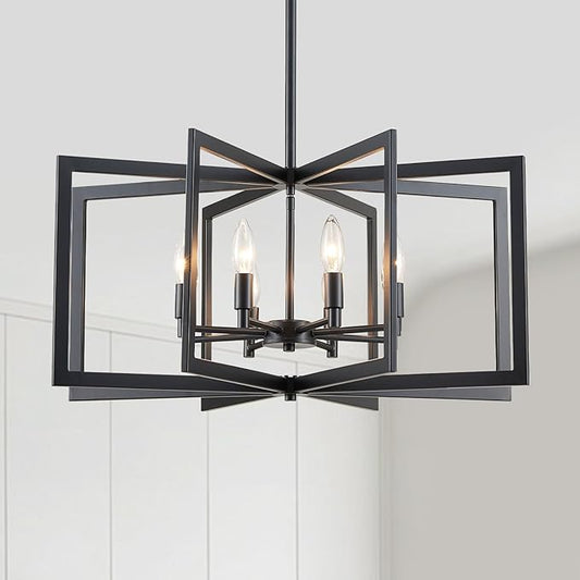 26'' Black Chandelier, Modern Farmhouse 8-Light Pendant Lighting Fixture for Dining Living Room Kitchen Entryway, Geometric Metal Large Adjustable Hanging Chandelier Lamp