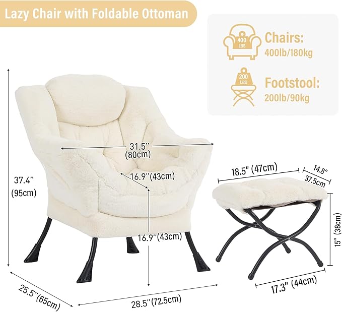 Lazy Chair with Ottoman, Modern Chair with Folding Footrest, Lounge Accent Chair, Comfortable Reading Chair for Bedroom, Study, Living Room, Courtyard (Plush Beige)