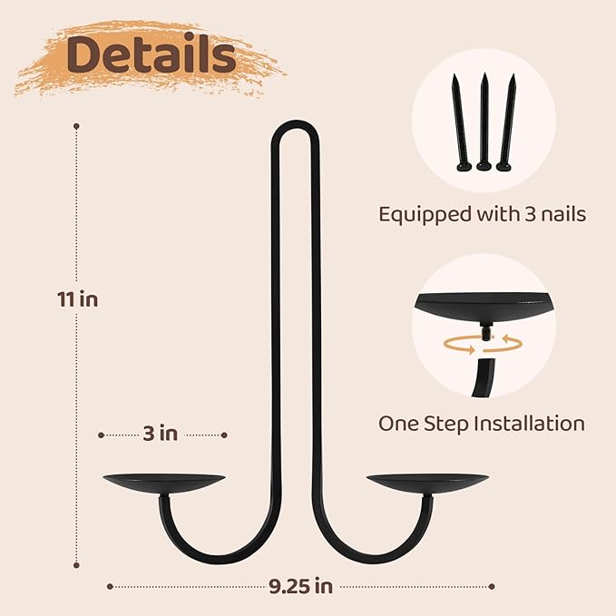 Wall Candle Holder Set of Two, Metal Black Candle Sconces Wall Decor, Hanging Candle Holder Fits Taper Candle/LED Tea Lights, Wedding Housewarming Gifts for Farmhouse Living Room Fireplace