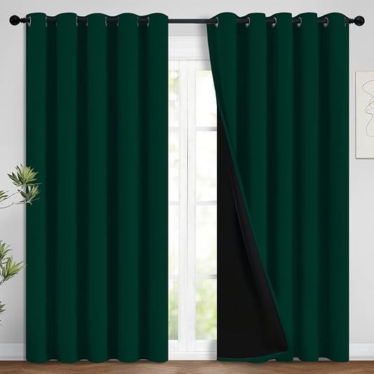 Yakamok 100% Blackout Lined Panels, Room Darkening Thermal Insulated Blackout Curtains for Bedroom, Heat Blocking Drapes for Living Room(62Wx84L, Green, 2 Panels)