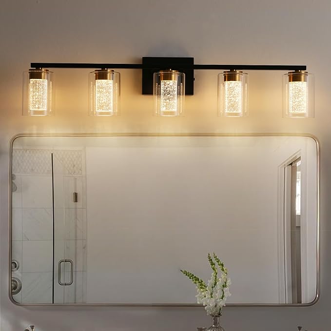 EMONG 5-Light Black&Gold Bathroom Light Fixtures,Dimmable 5CCT LED Vanity Lights with Clear Glass,2700K-6500K Adjustable Crystal Bubble Black Bathroom Vanity Light Over Mirror for Hallway