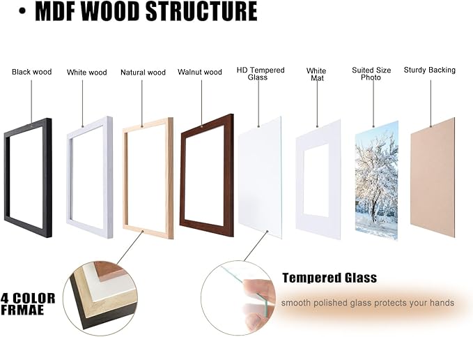 8 × 10 wood grain picture frame HD glass 4 color picture frames a set of 4, display pictures 5 × 7 cushion or 8 × 10 modern style wood grain composite picture frame, the best gift for friends and relatives