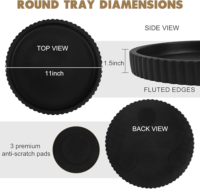 Round Decorative Tray for Coffee Table Decor-Modern Home Decor Tray-Concrete Coffee Table Serving Tray-Centerpiece Table Tray-Ottoman,Vanity, Bathroom, Kitchen,Dresser (Black)