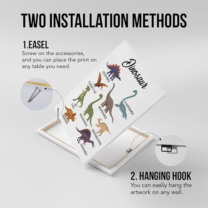 Dinosaur Species Canvas Wall Art Stegosaurus Pterodactylus Triceratops Educational Poster Kids Boys Girls Children Rooms Learning Paintings Artwork Ready to Hang Home Classroom Decor 15x12 Inches